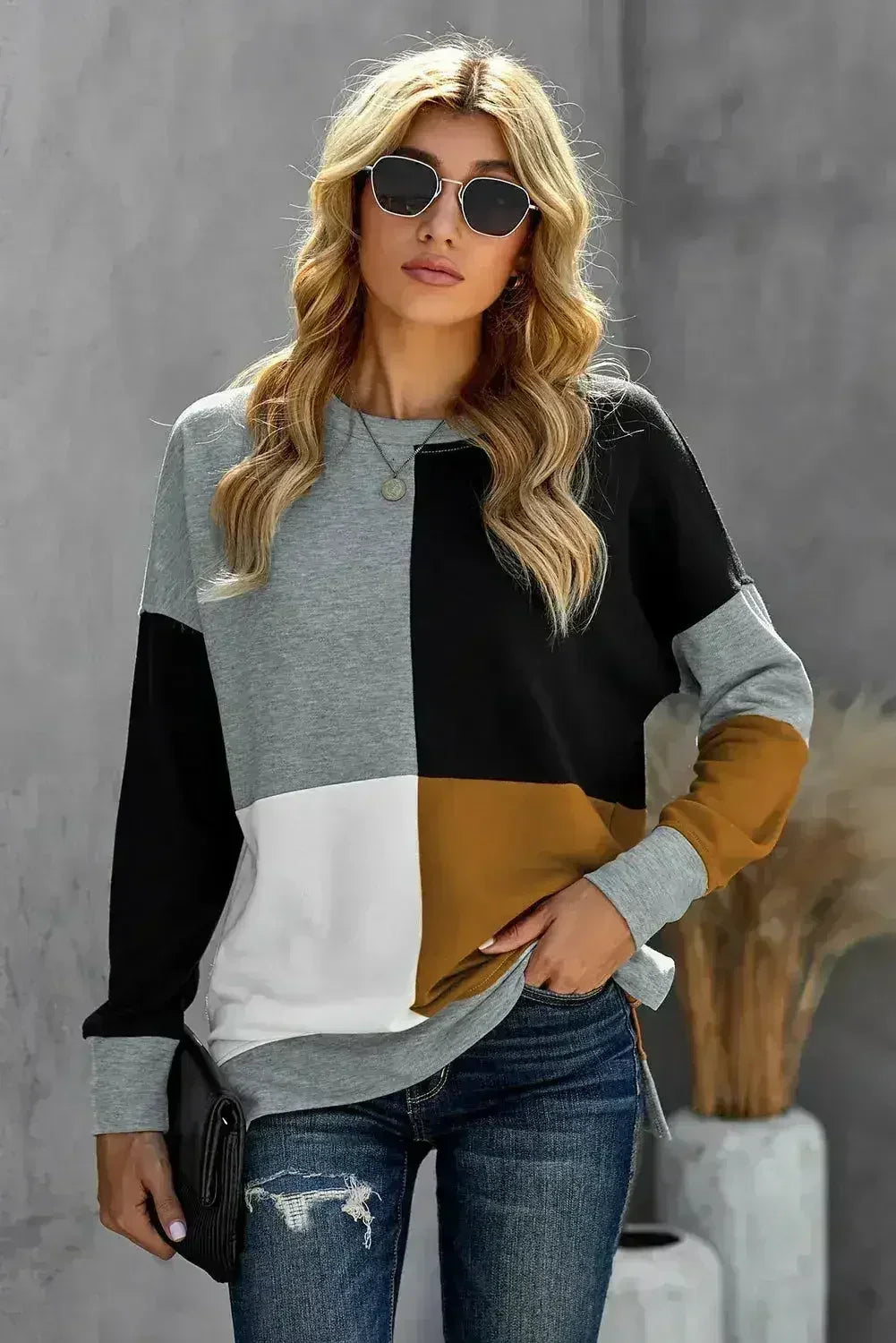 Women's Gray Color Block Round Neck Long Sleeves Pullover Sweatshirt by Femstylo