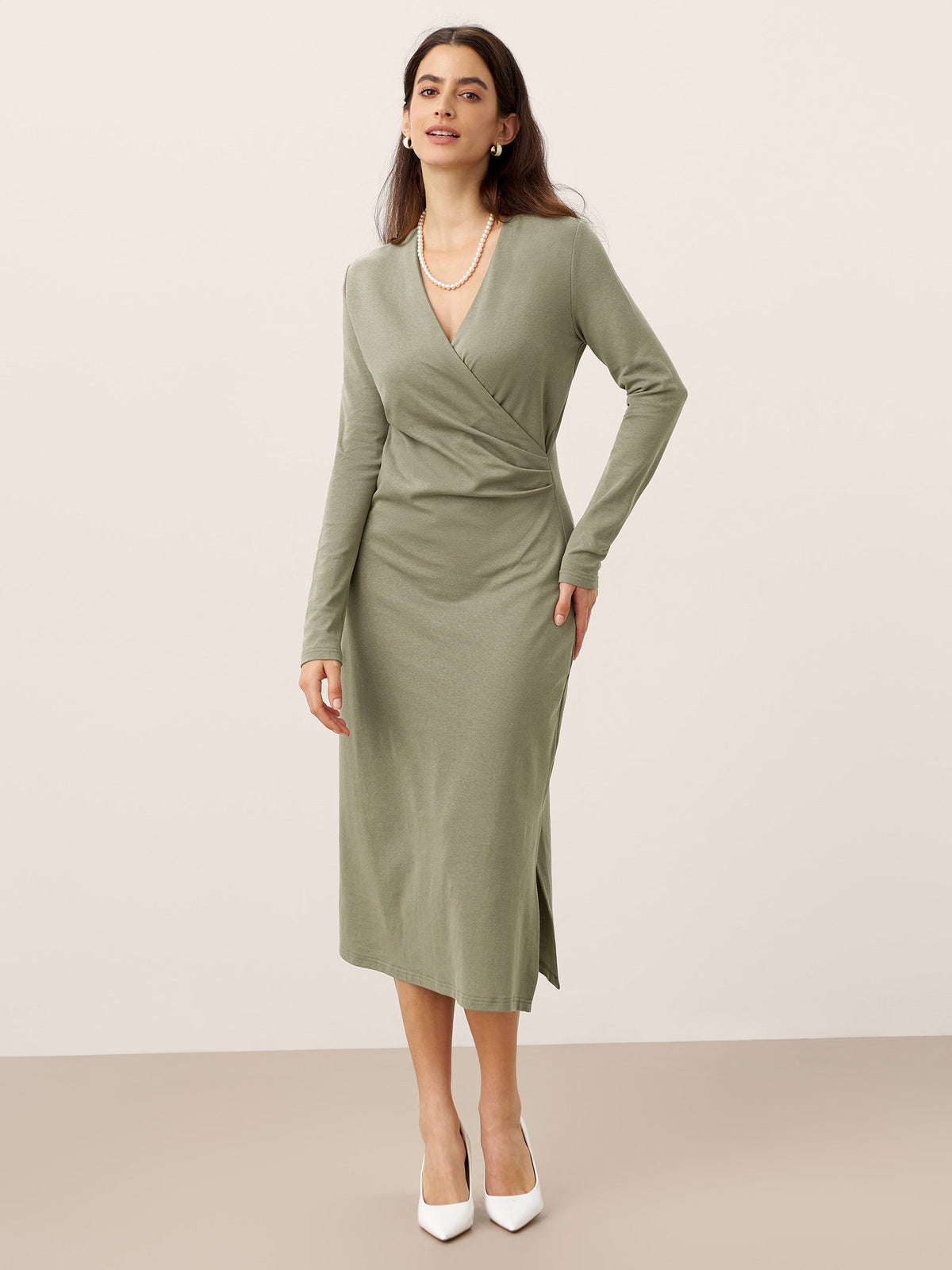 Crossover V-Neck Wrap Stretch Midi Dress MARNIE by LINTICO