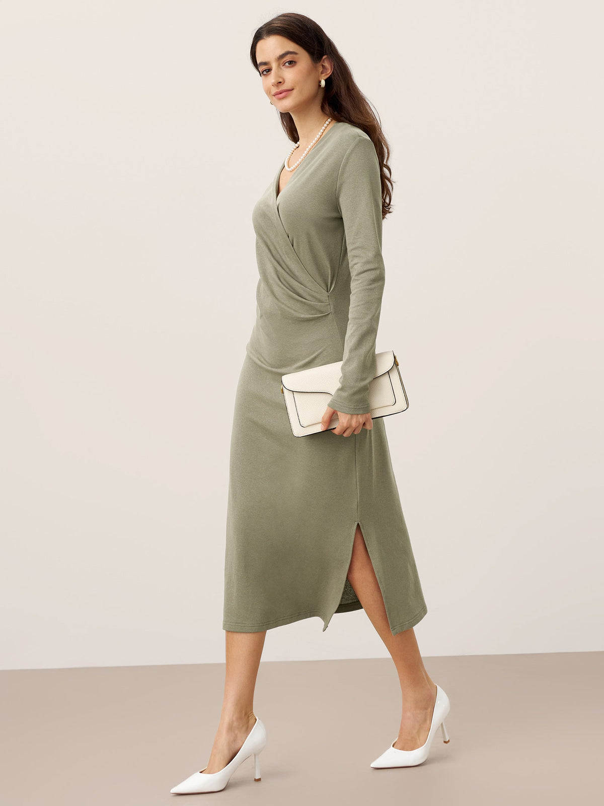 Crossover V-Neck Wrap Stretch Midi Dress MARNIE by LINTICO
