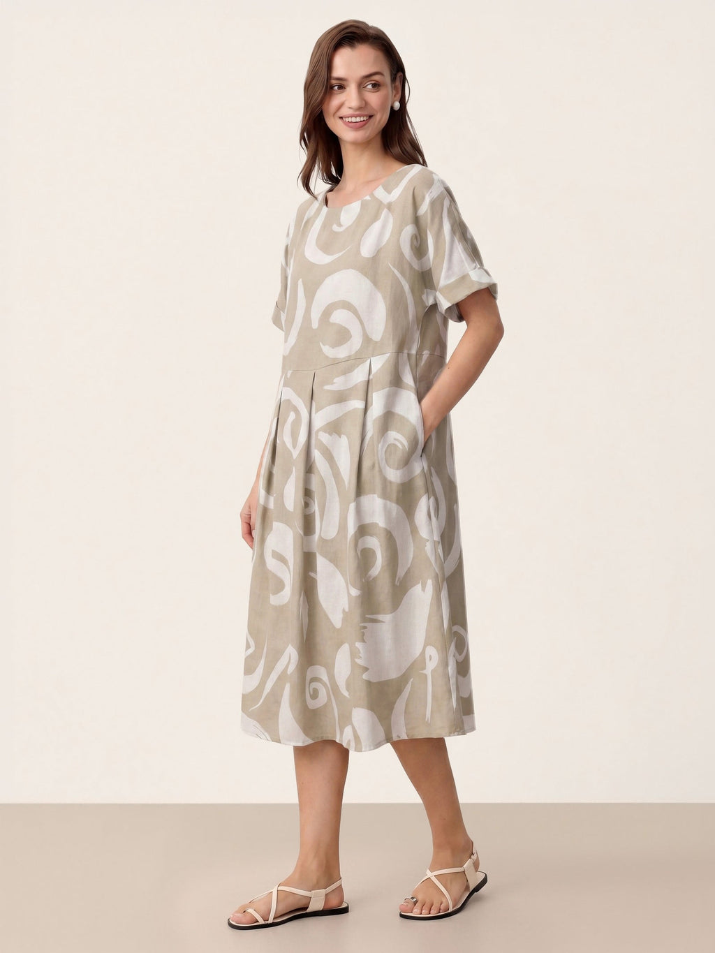 Linen Abstract-Print Pleated-Waist Midi Dress PRIYA by LINTICO