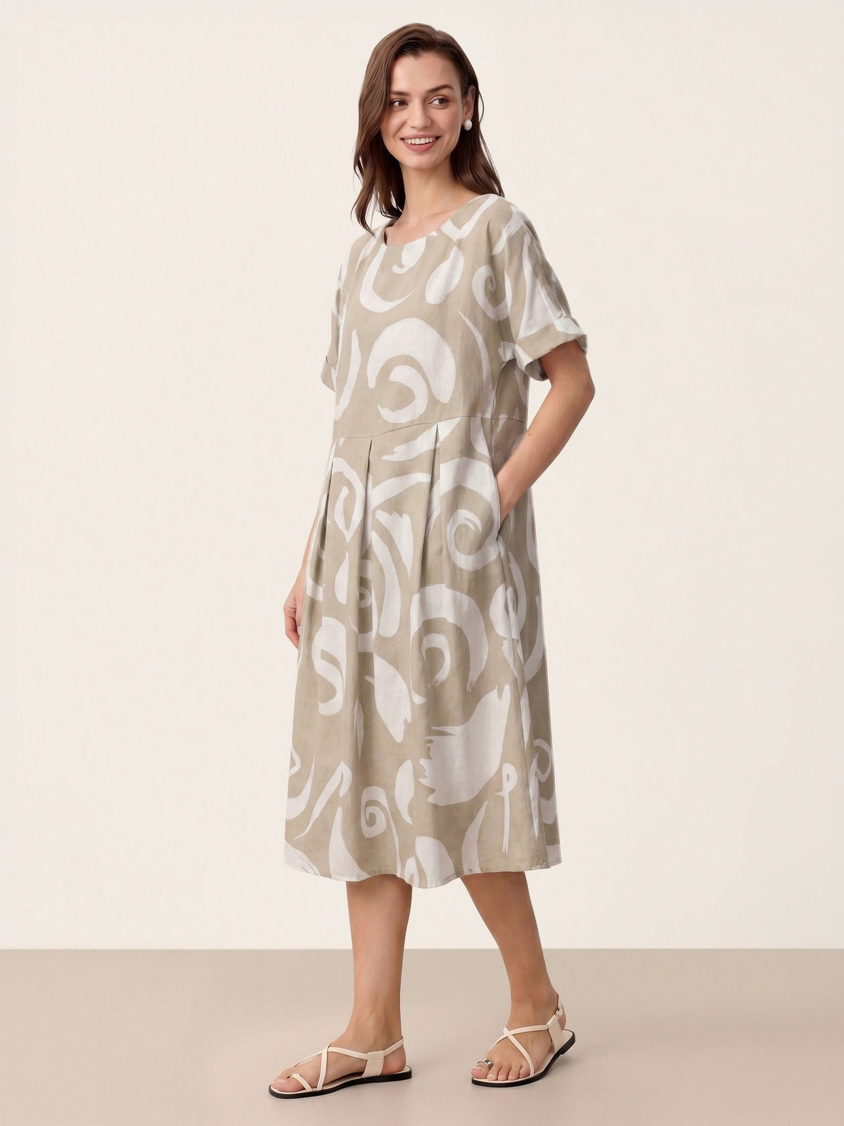 Linen Abstract-Print Pleated-Waist Midi Dress PRIYA by LINTICO