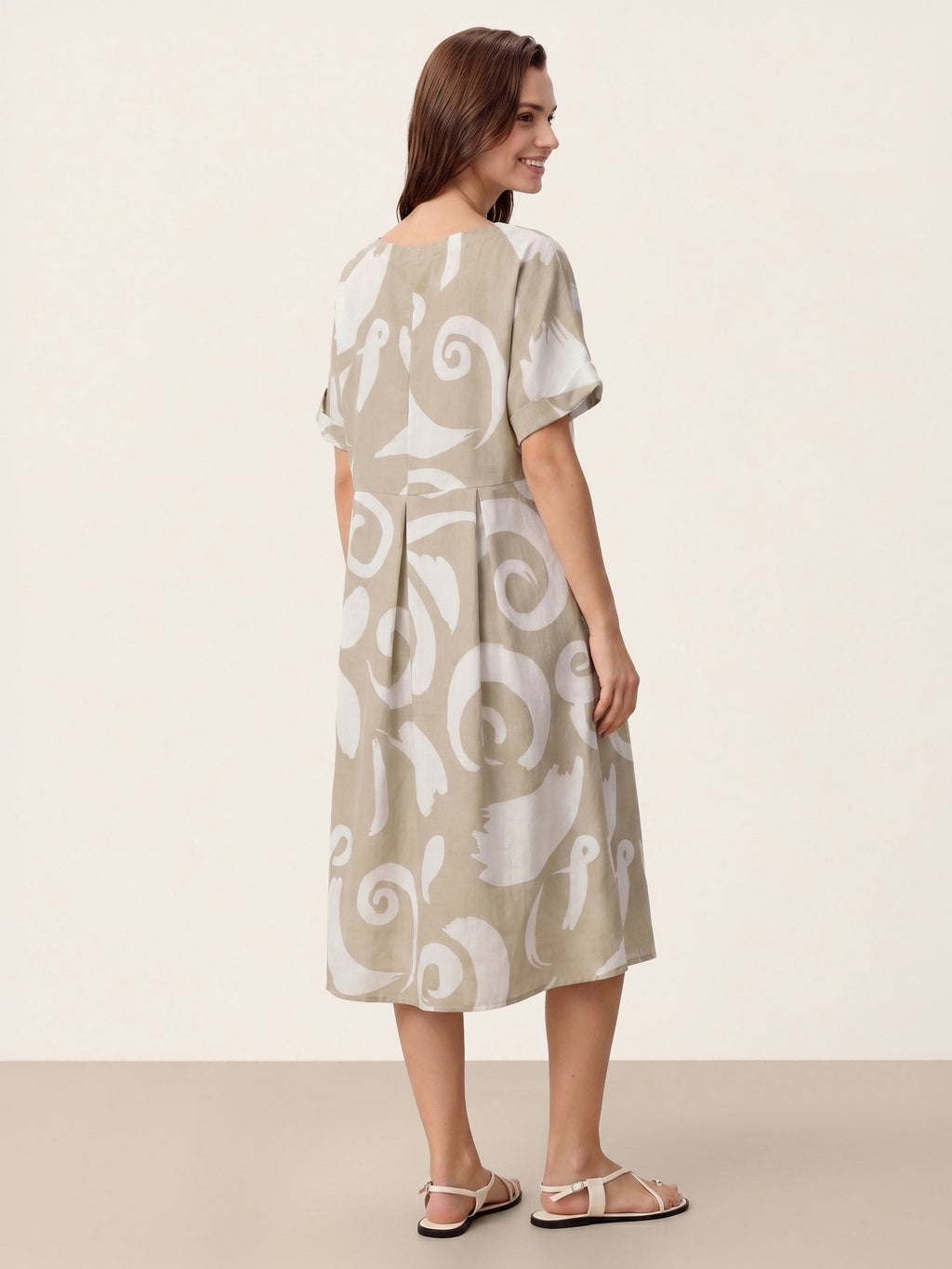 Linen Abstract-Print Pleated-Waist Midi Dress PRIYA by LINTICO