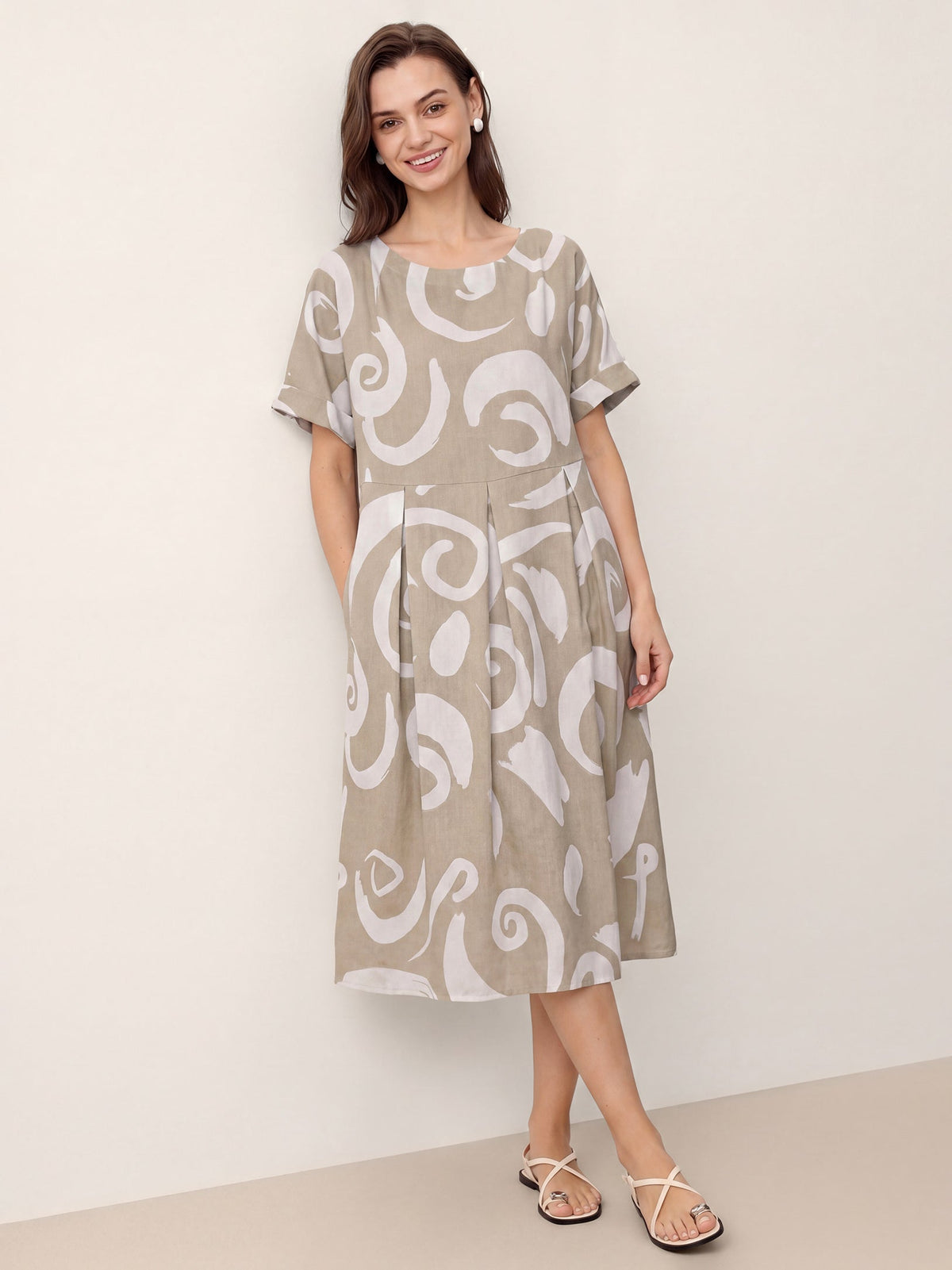 Linen Abstract-Print Pleated-Waist Midi Dress PRIYA by LINTICO