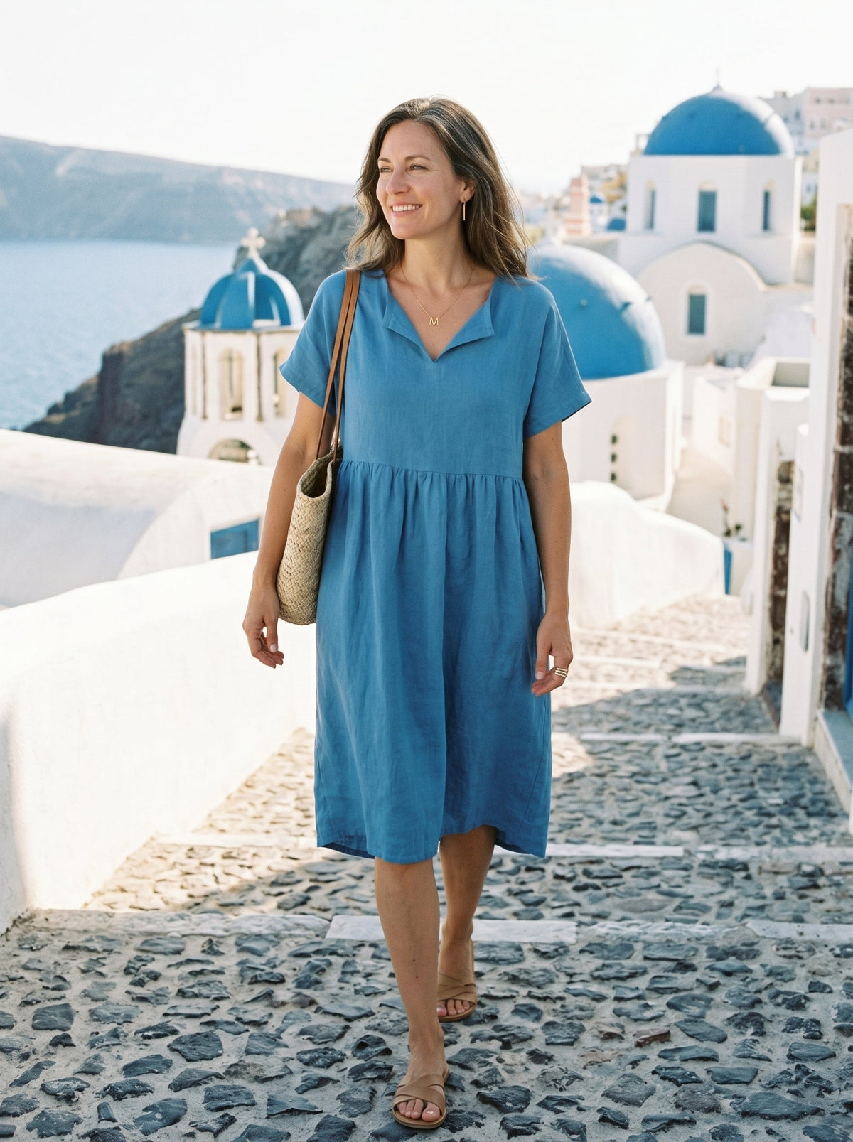 Linen Gathered-Hem Split-Neck Mini Dress SYDNEY by LINTICO