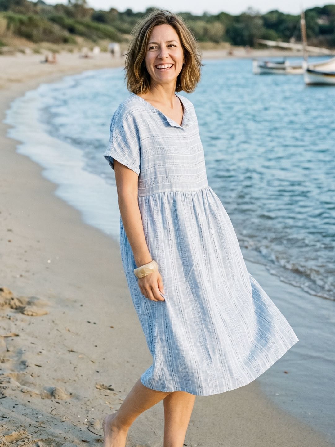 Linen Gathered-Hem Split-Neck Mini Dress SYDNEY by LINTICO