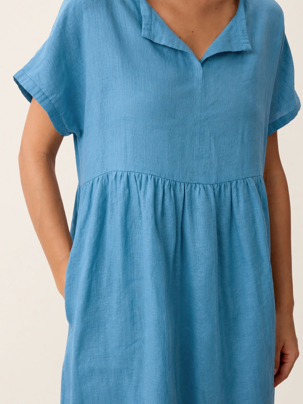 Linen Gathered-Hem Split-Neck Mini Dress SYDNEY by LINTICO