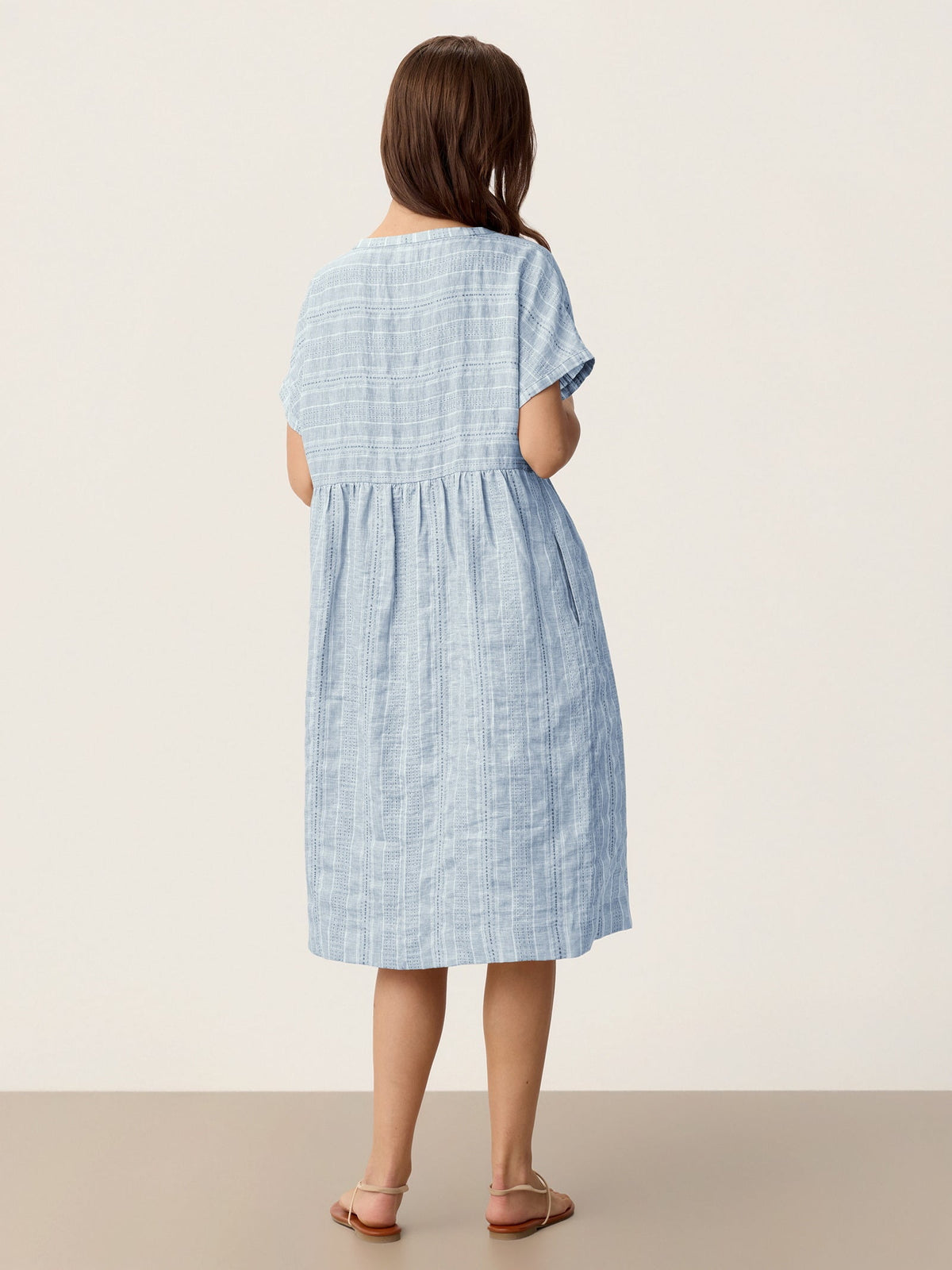 Linen Gathered-Hem Split-Neck Mini Dress SYDNEY by LINTICO