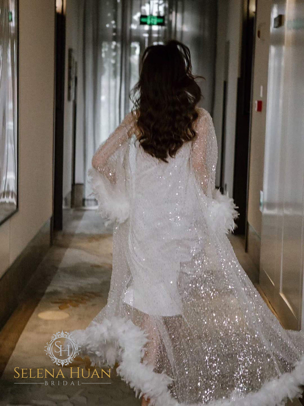 Full Goose Feather sequin mesh long robe dress white ivory by SelenaHuanStudio