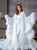 Luxury thick turkey feather fringe long bridal robe set with night gown by SelenaHuanStudio