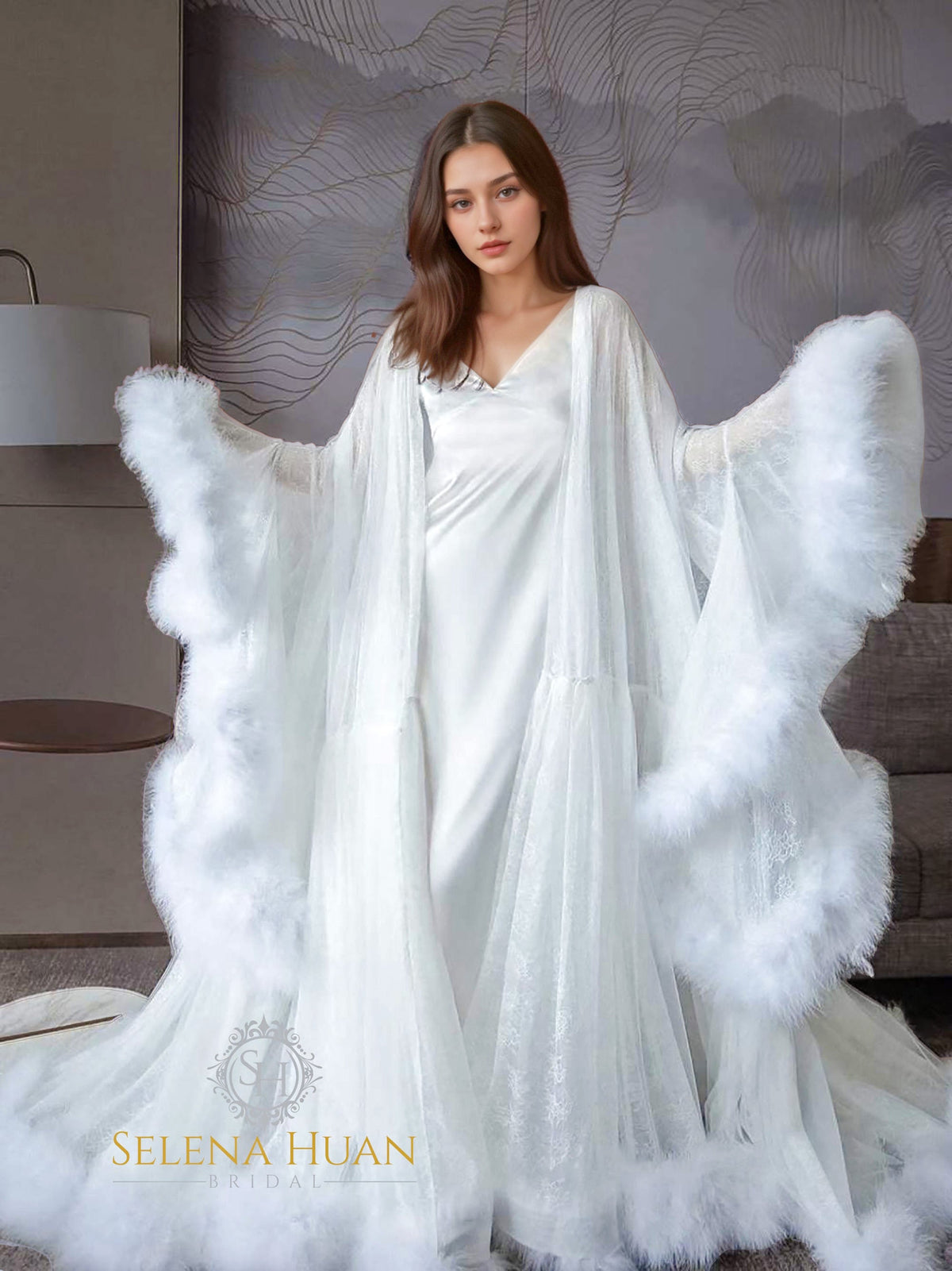 Luxury thick turkey feather fringe long bridal robe set with night gown by SelenaHuanStudio