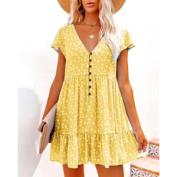 V-Neck Button Floral Short Sleeve Casual Dress by Trendy Attic Store01