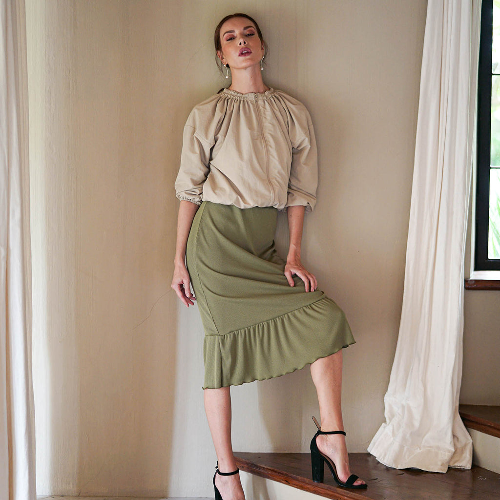 MARJORIE Ruffle Rib Skirt In Moss Green by BrunnaCo