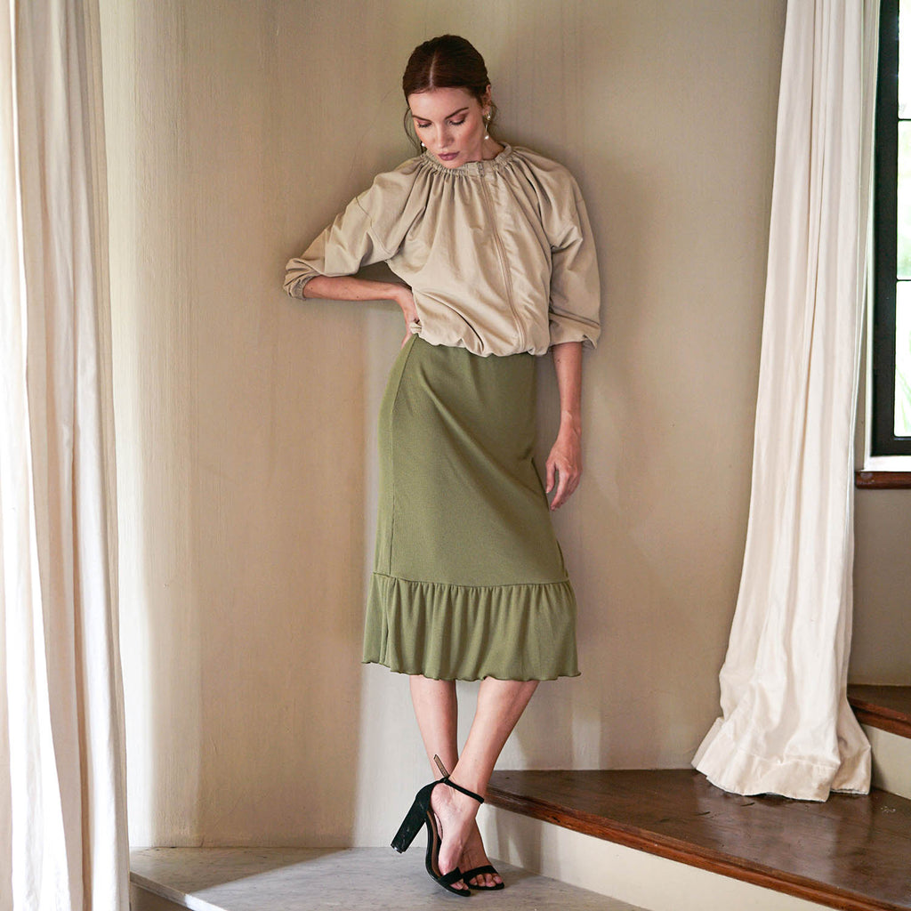 MARJORIE Ruffle Rib Skirt In Moss Green by BrunnaCo