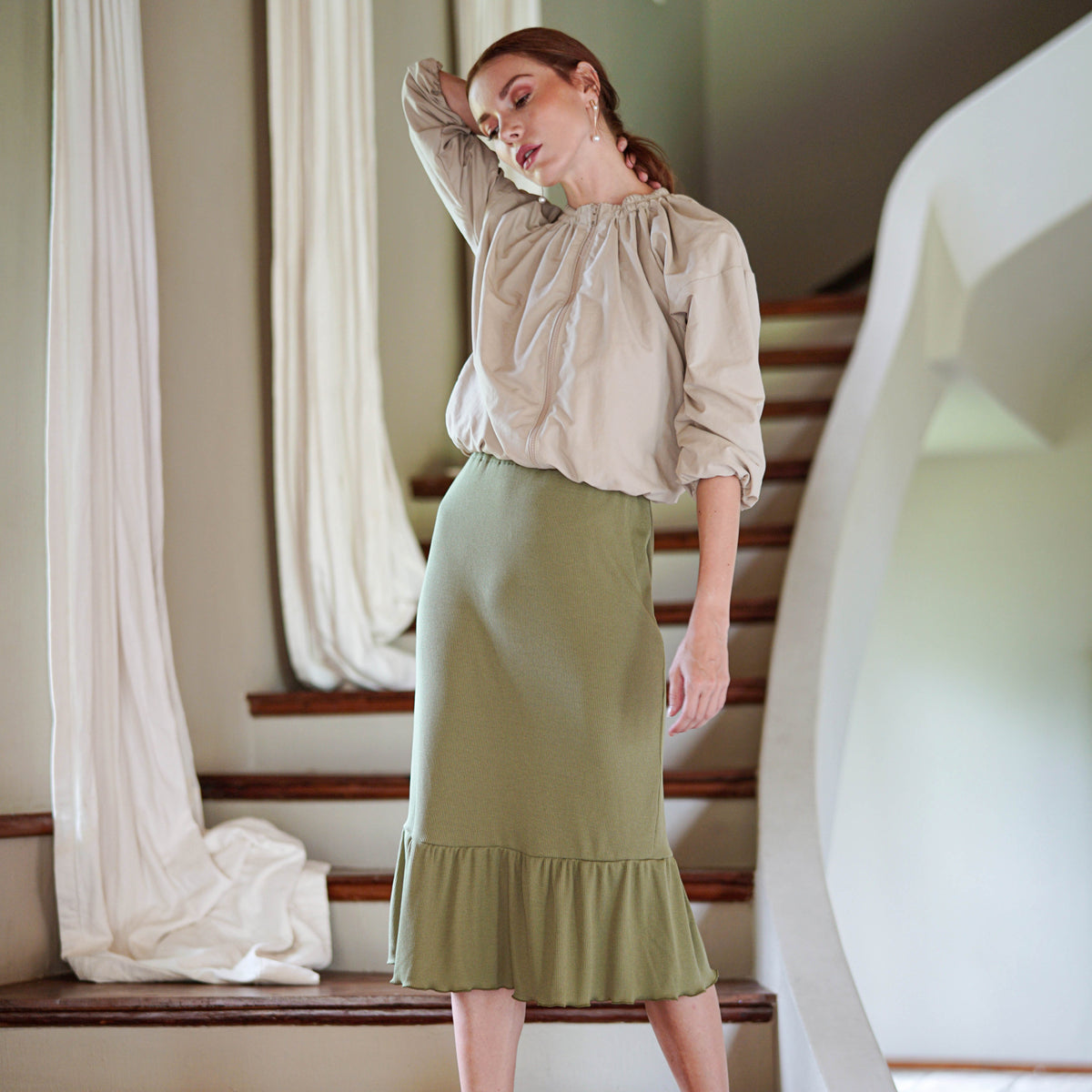 MARJORIE Ruffle Rib Skirt In Moss Green by BrunnaCo