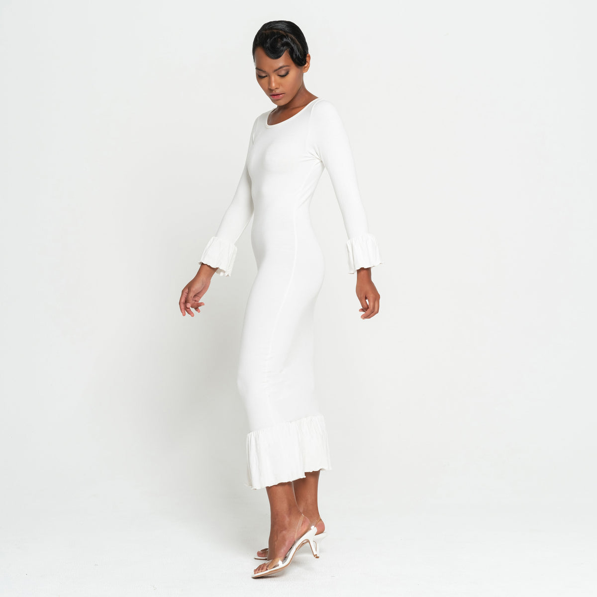 MARJORIE Bamboo Ruffle Dress In Off-white by BrunnaCo