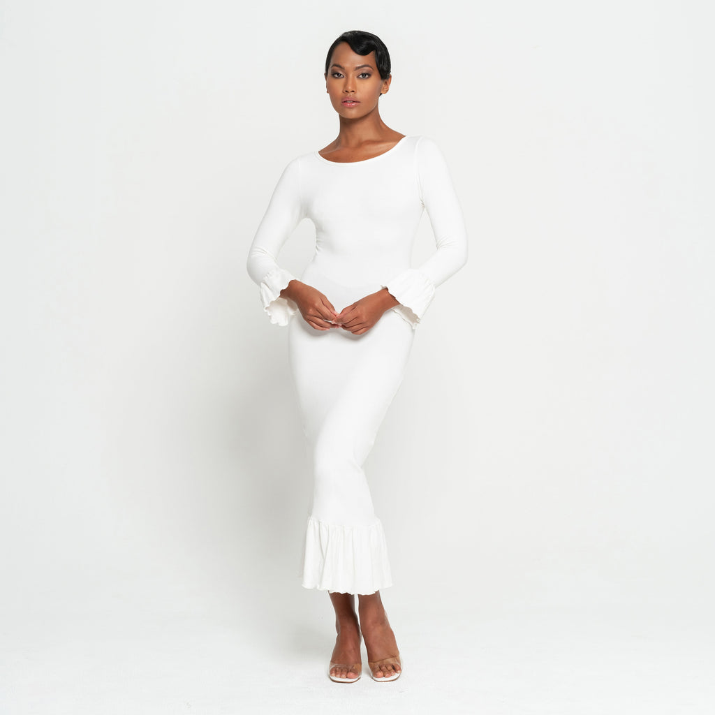 MARJORIE Bamboo Ruffle Dress In Off-white by BrunnaCo