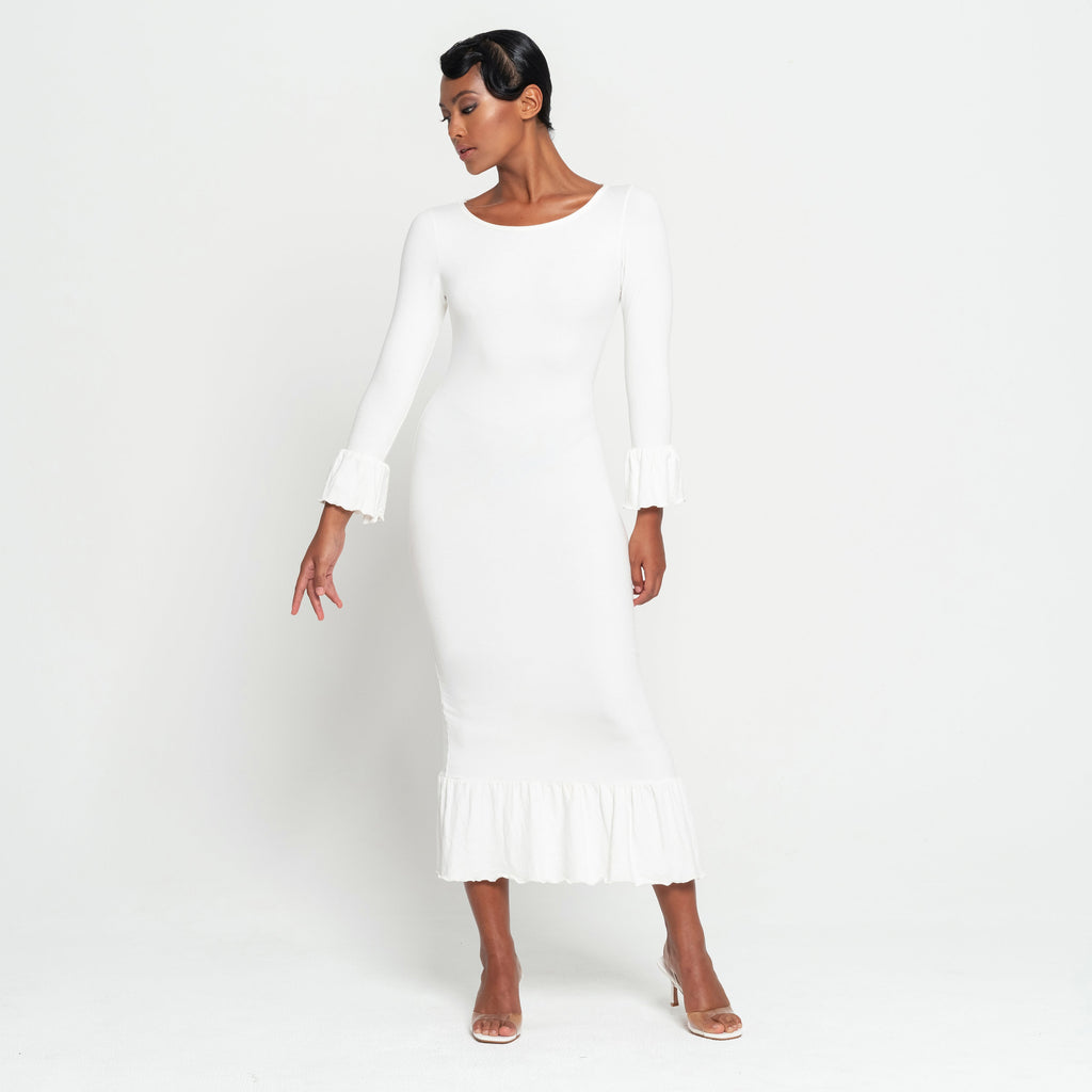 MARJORIE Bamboo Ruffle Dress In Off-white by BrunnaCo