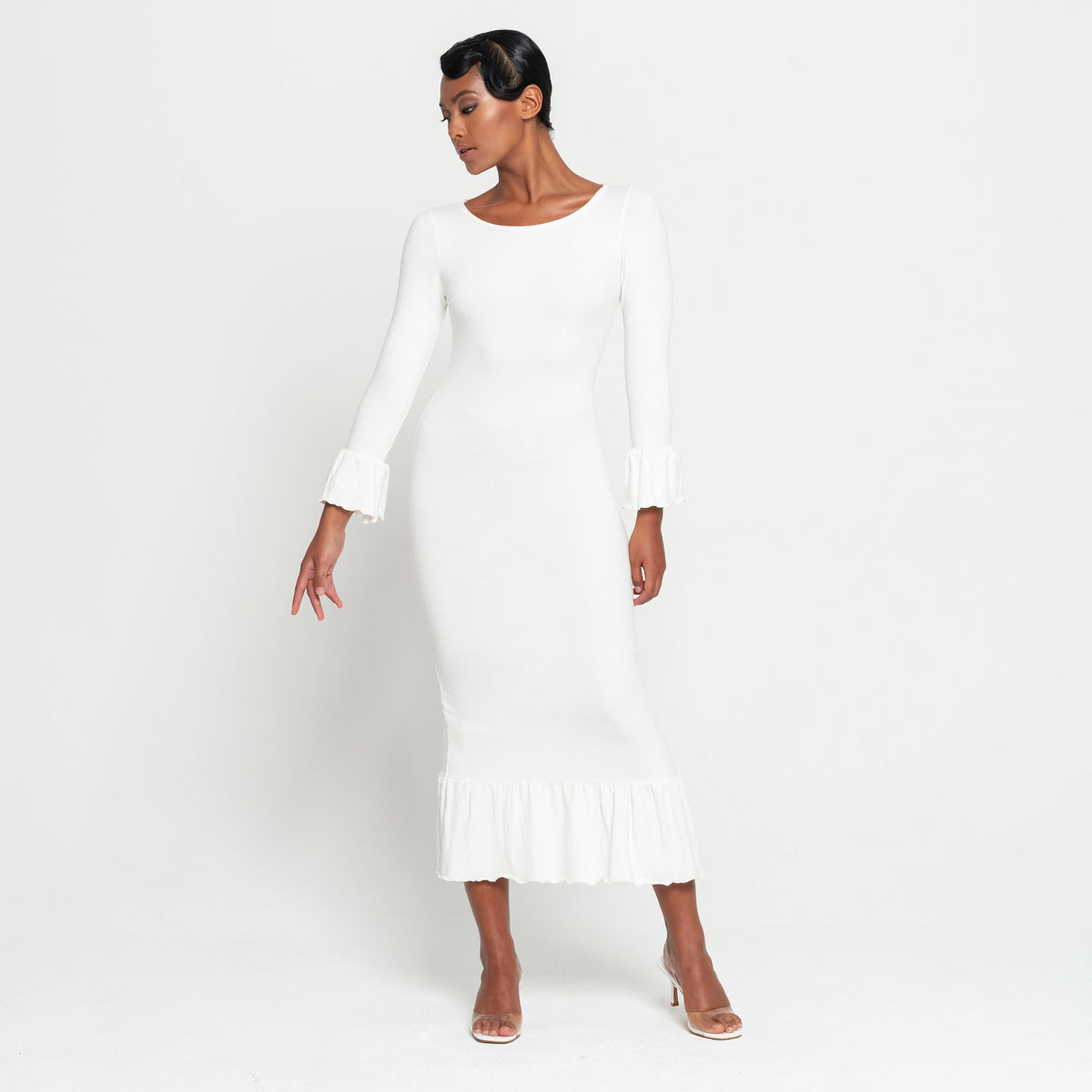MARJORIE Bamboo Ruffle Dress In Off-white by BrunnaCo