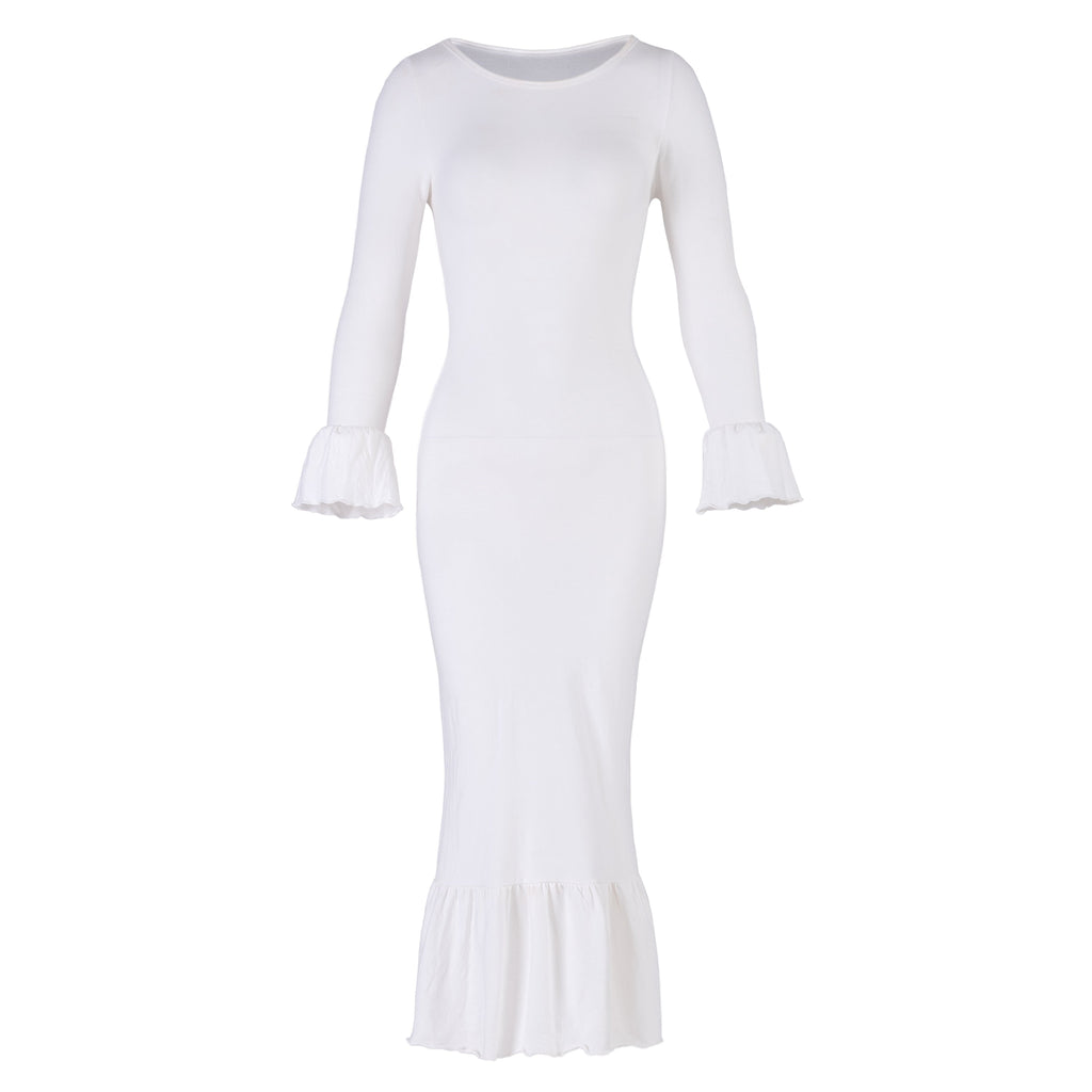 MARJORIE Bamboo Ruffle Dress In Off-white by BrunnaCo