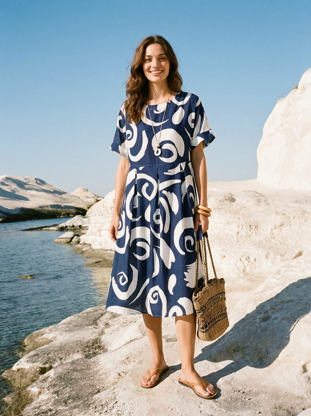 Linen Abstract-Print Pleated-Waist Midi Dress PRIYA by LINTICO