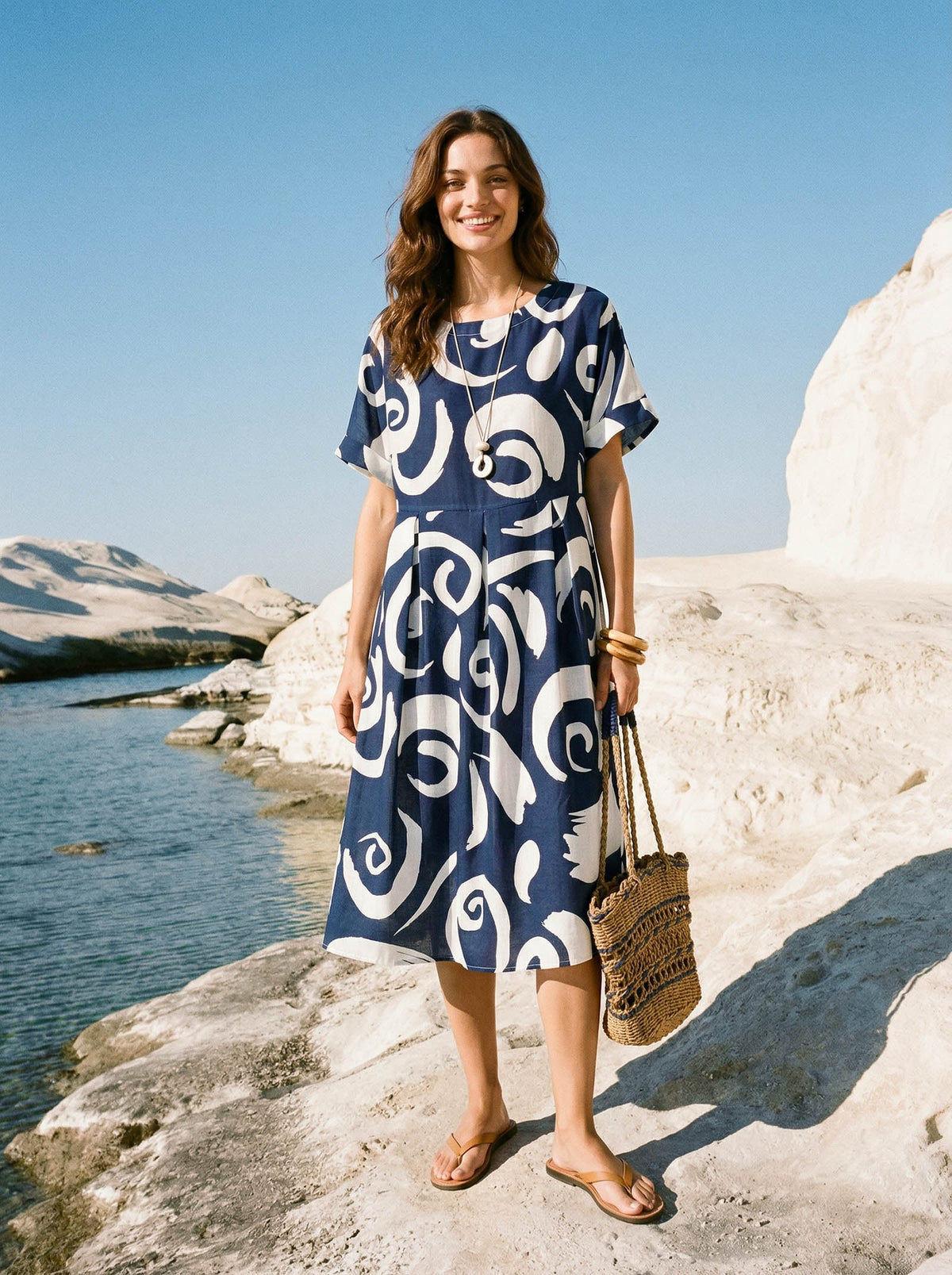 Linen Abstract-Print Pleated-Waist Midi Dress PRIYA by LINTICO