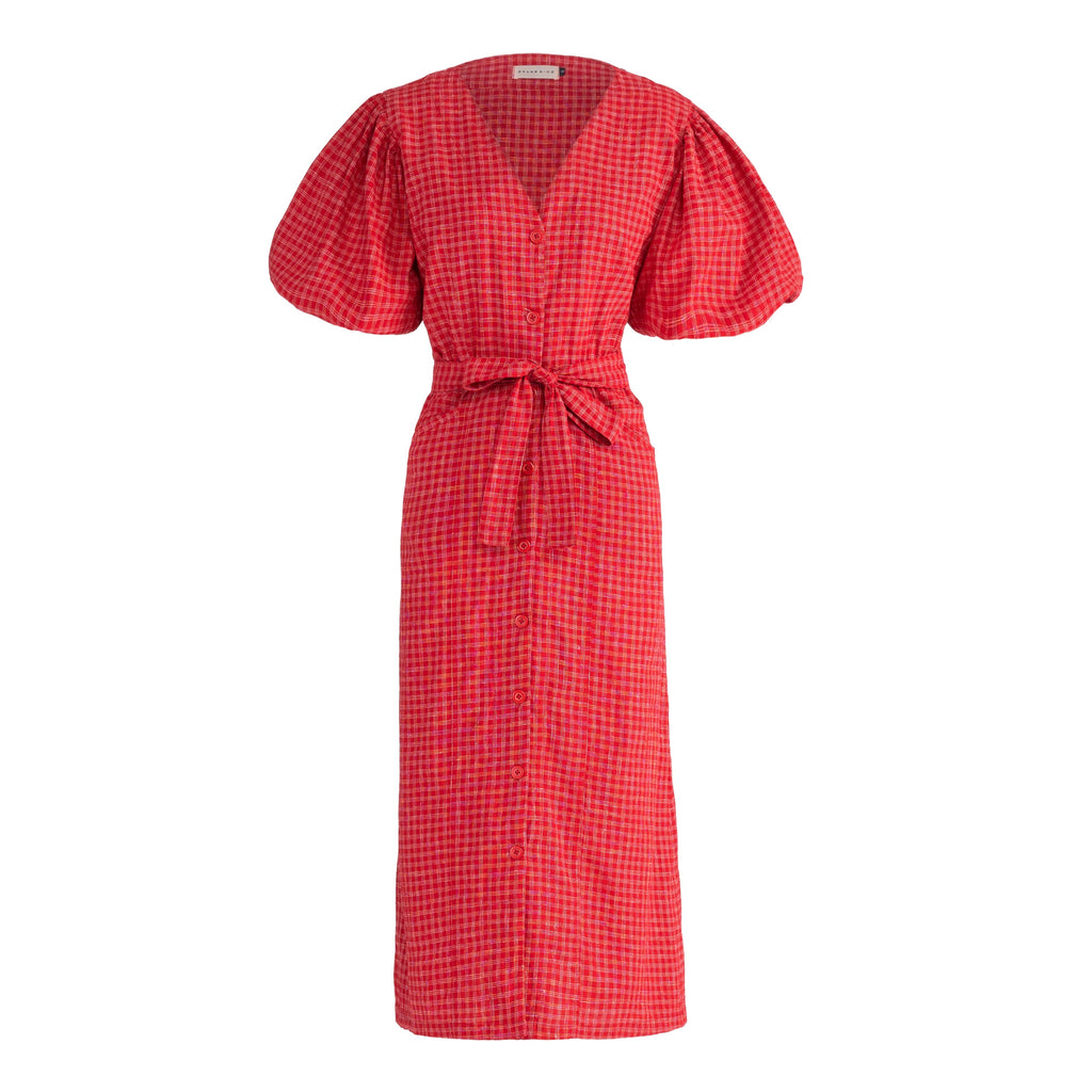 MEGHAN Gingham Hemp Midi Dress In Scarlet Red by BrunnaCo