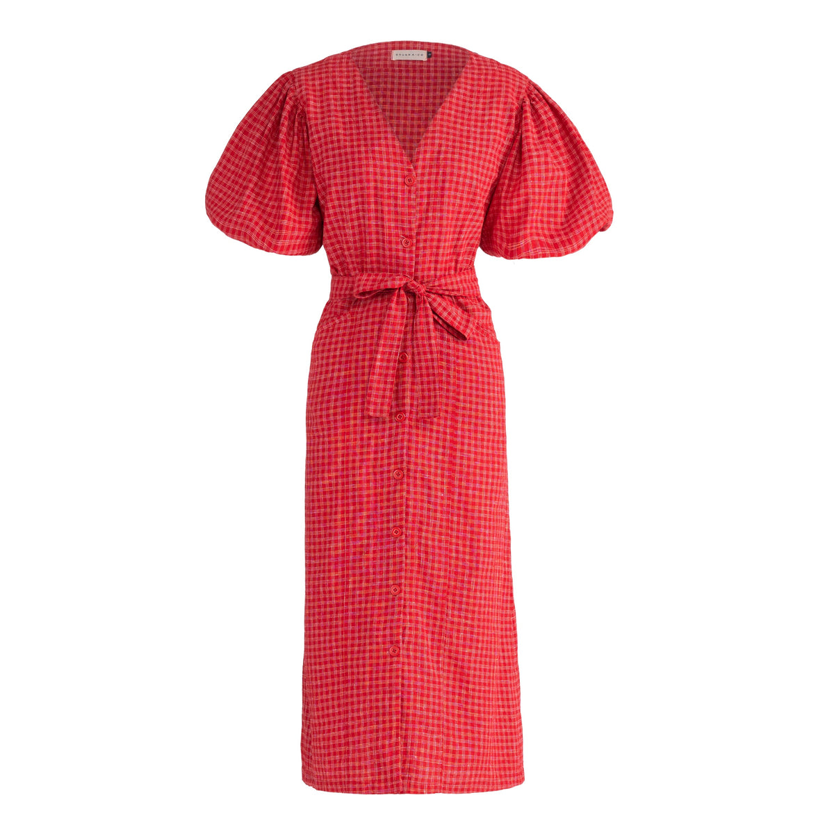 MEGHAN Gingham Hemp Midi Dress In Scarlet Red by BrunnaCo
