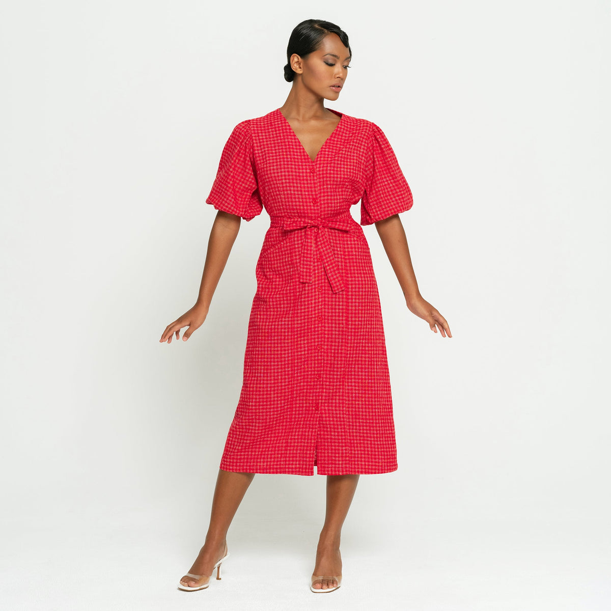 MEGHAN Gingham Hemp Midi Dress In Scarlet Red by BrunnaCo