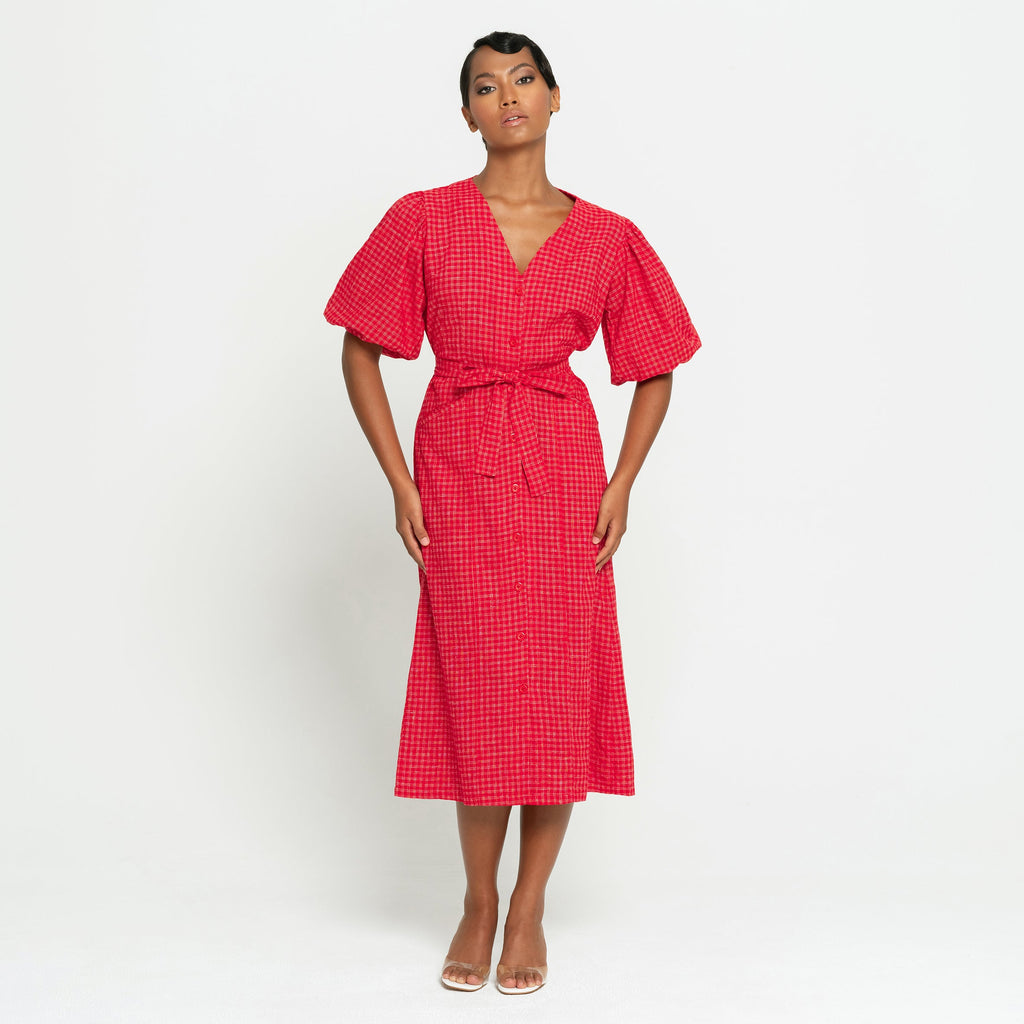 MEGHAN Gingham Hemp Midi Dress In Scarlet Red by BrunnaCo