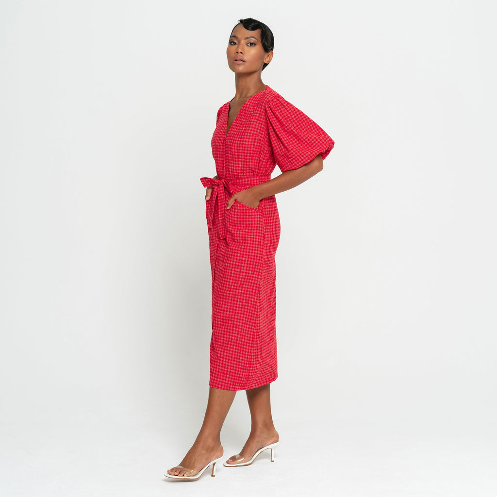 MEGHAN Gingham Hemp Midi Dress In Scarlet Red by BrunnaCo
