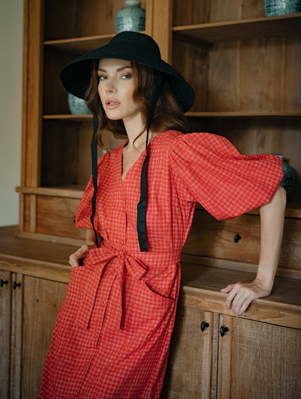 MEGHAN Gingham Hemp Midi Dress In Scarlet Red by BrunnaCo