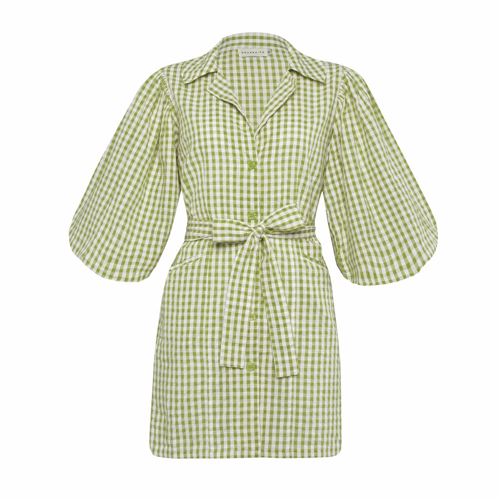 The Meghan Gingham Mini Dress in Olive Green by BrunnaCo