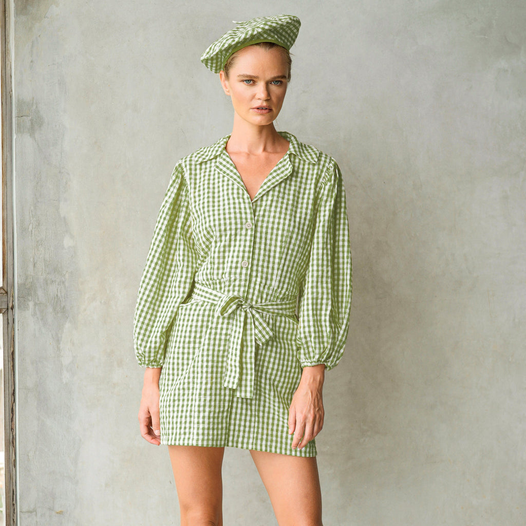 The Meghan Gingham Mini Dress in Olive Green by BrunnaCo