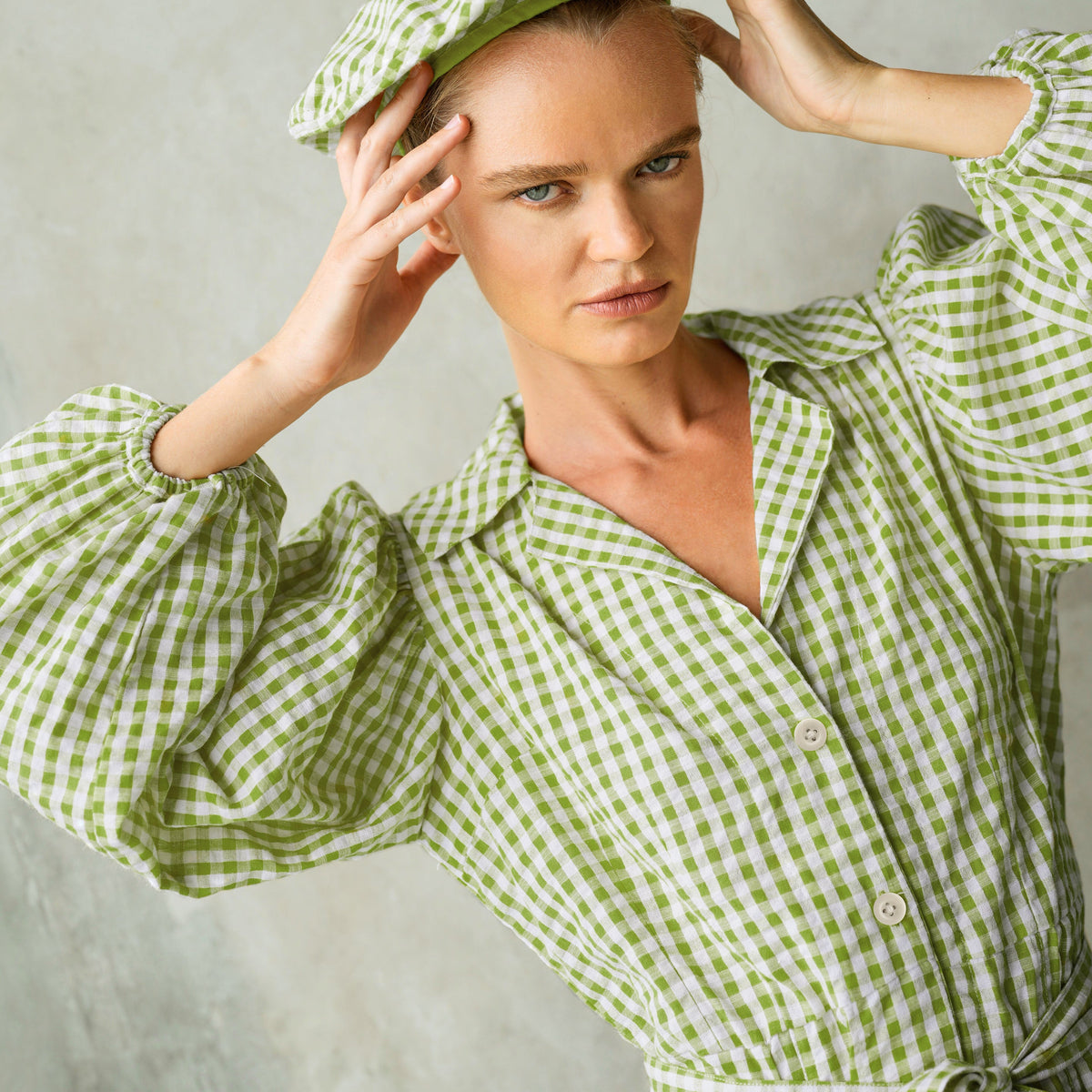 The Meghan Gingham Mini Dress in Olive Green by BrunnaCo