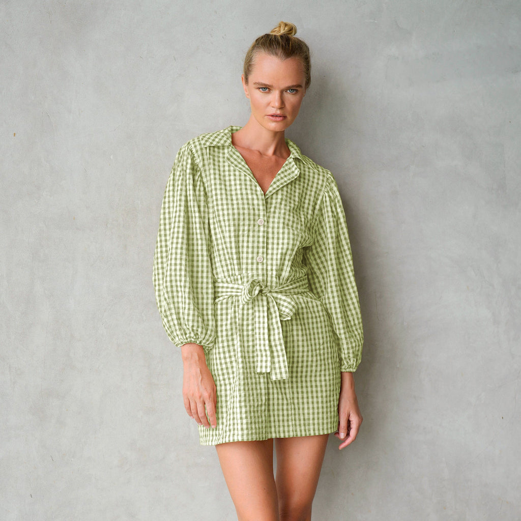 The Meghan Gingham Mini Dress in Olive Green by BrunnaCo