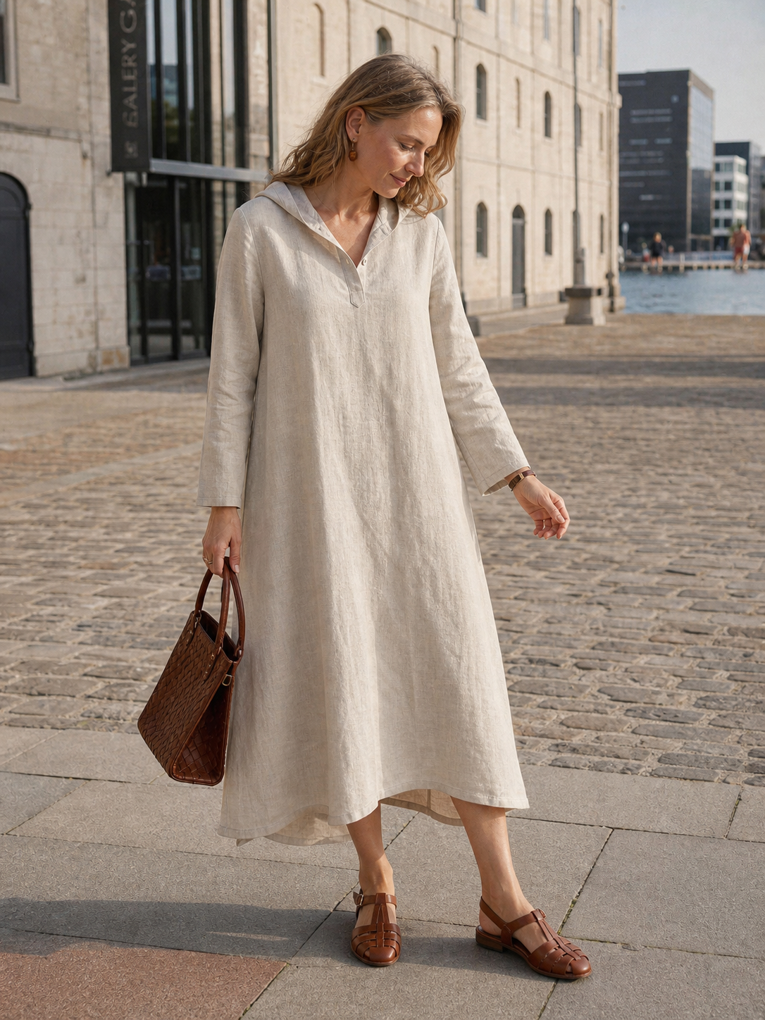 100% Linen Hooded Pullover Maxi Dress REBECCA by LINTICO
