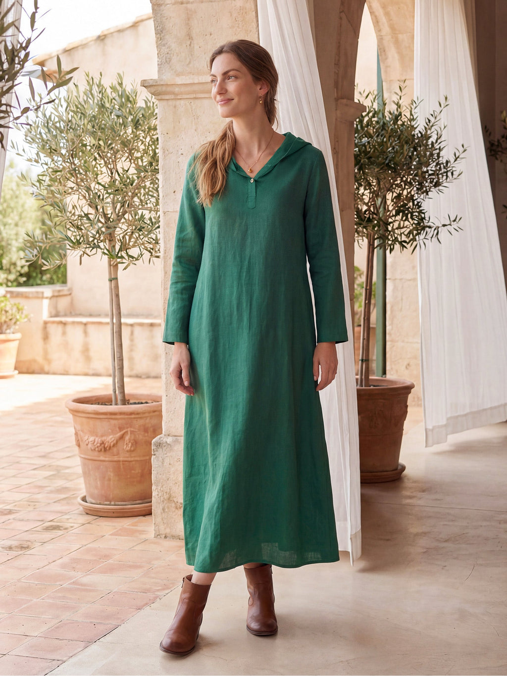 100% Linen Hooded Pullover Maxi Dress REBECCA by LINTICO