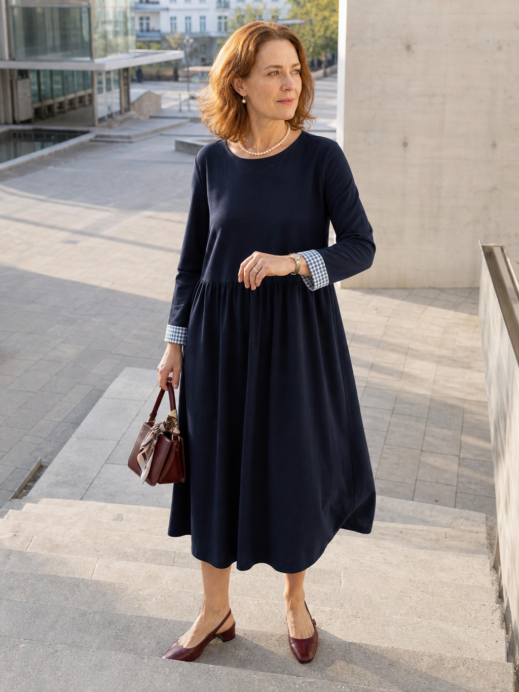 Organic Cotton Patchwork Cuff Crew Neck Casual Midi Dress SCARLETT by LINTICO