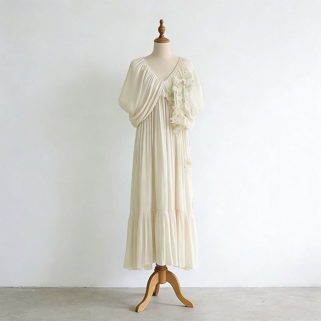 Romantic Vacation Maxi Dress Spring V neck Drop Shoulder Batwing Sleeve Stitching Three Dimensional Floral Dress by Ragazza