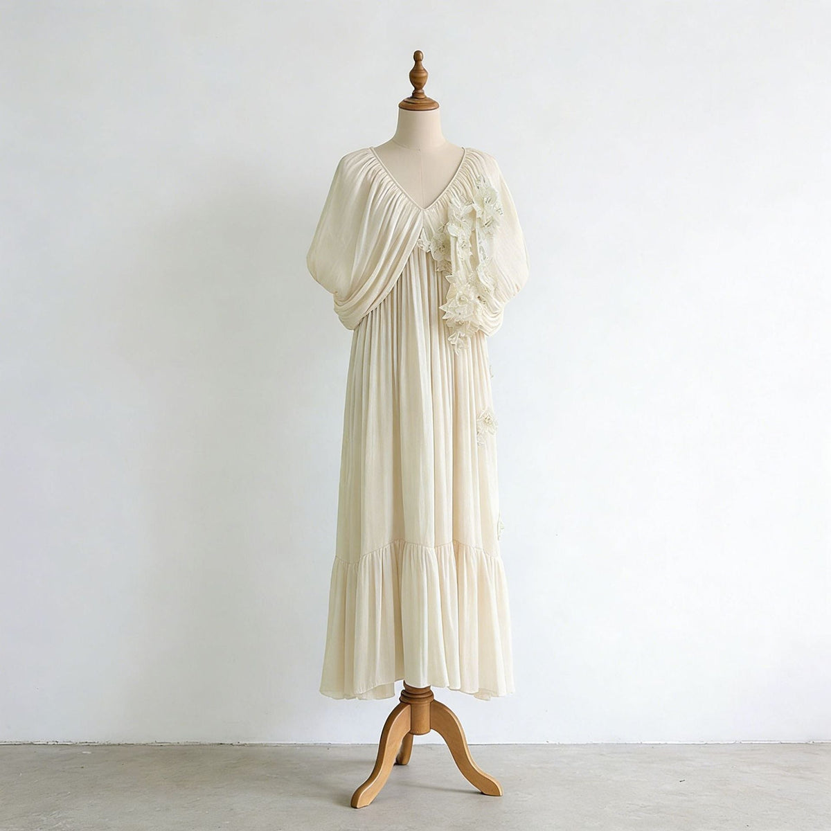 Romantic Vacation Maxi Dress Spring V neck Drop Shoulder Batwing Sleeve Stitching Three Dimensional Floral Dress by Ragazza