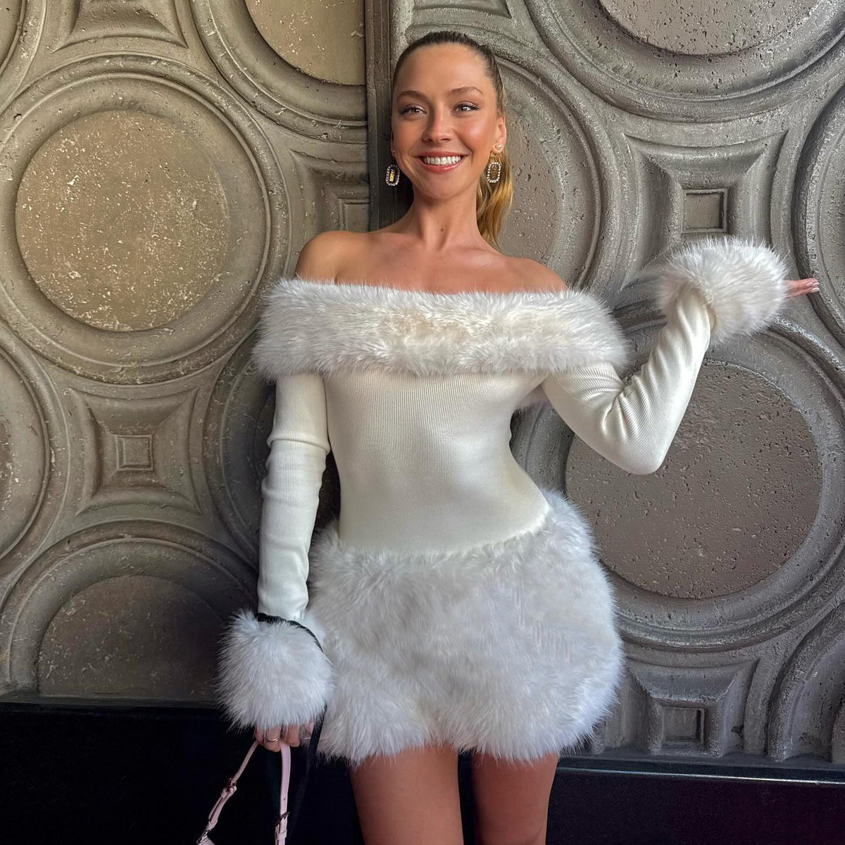 Autumn Winter Elegant Women Party Furry Stitching off Shoulder Dress Sexy Slim Long Sleeve Hip Dress by Ragazza