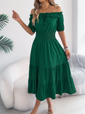 Spring Summer Casual Shoulder Baring Stringy Selvedge Short Sleeve Smocking Waist Slimming Maxi Dress Women Clothing by Ragazza