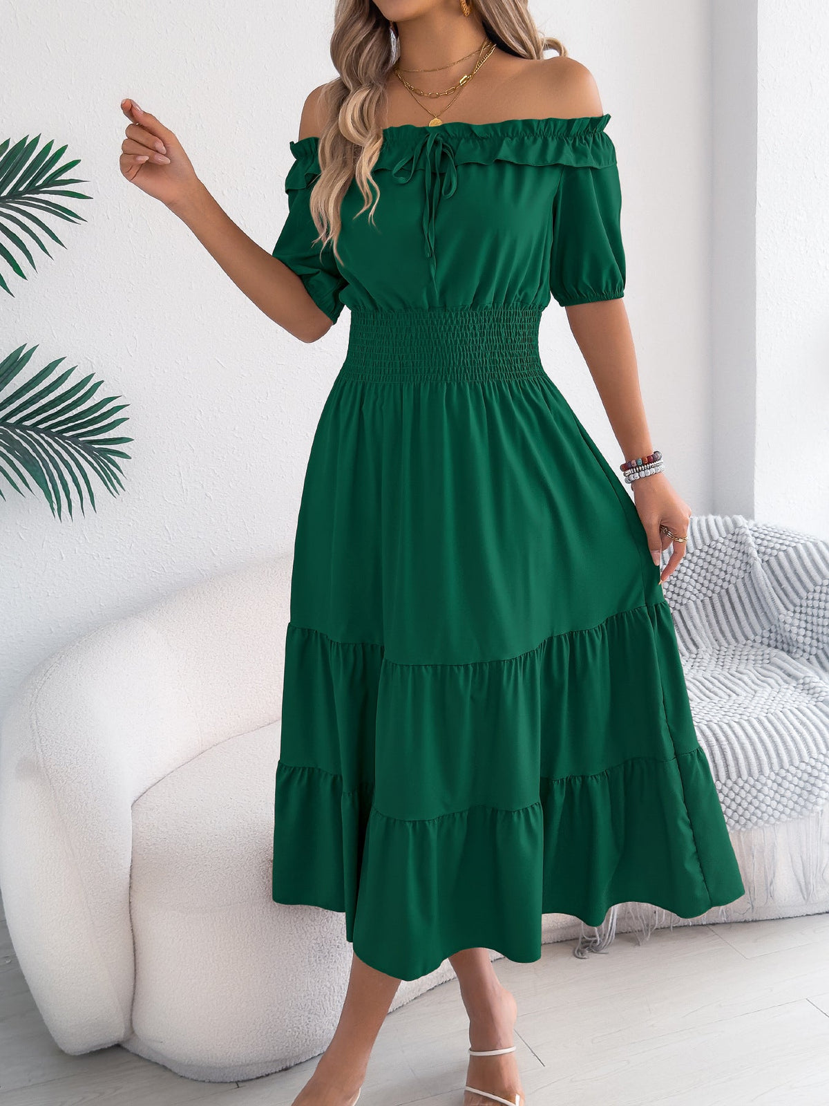 Spring Summer Casual Shoulder Baring Stringy Selvedge Short Sleeve Smocking Waist Slimming Maxi Dress Women Clothing by Ragazza