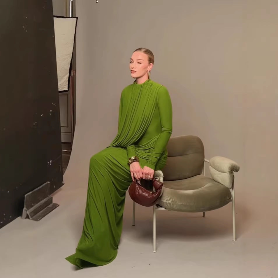 Dress Winter round Neck Green Pleated Long Sleeve by Ragazza