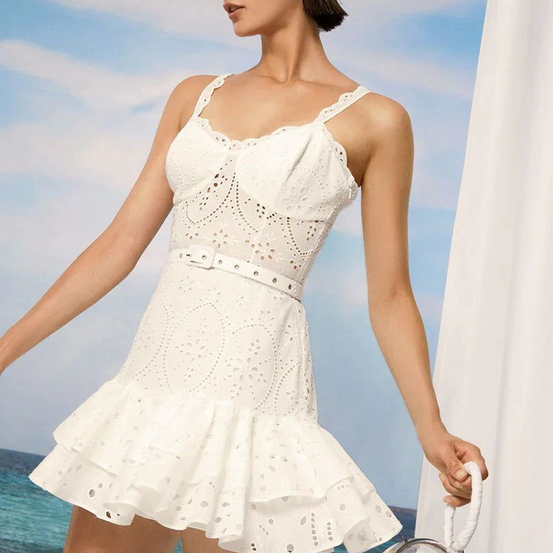 Summer Machine Embroidery Sexy Spaghetti Strap Ruffle Dress Waist Slimming Short Temperamental Dress by Wanita Store
