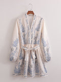 Spring Women Clothing Positioning Printing Pullover V neck Series Belt Long Sleeve Dress by Ragazza