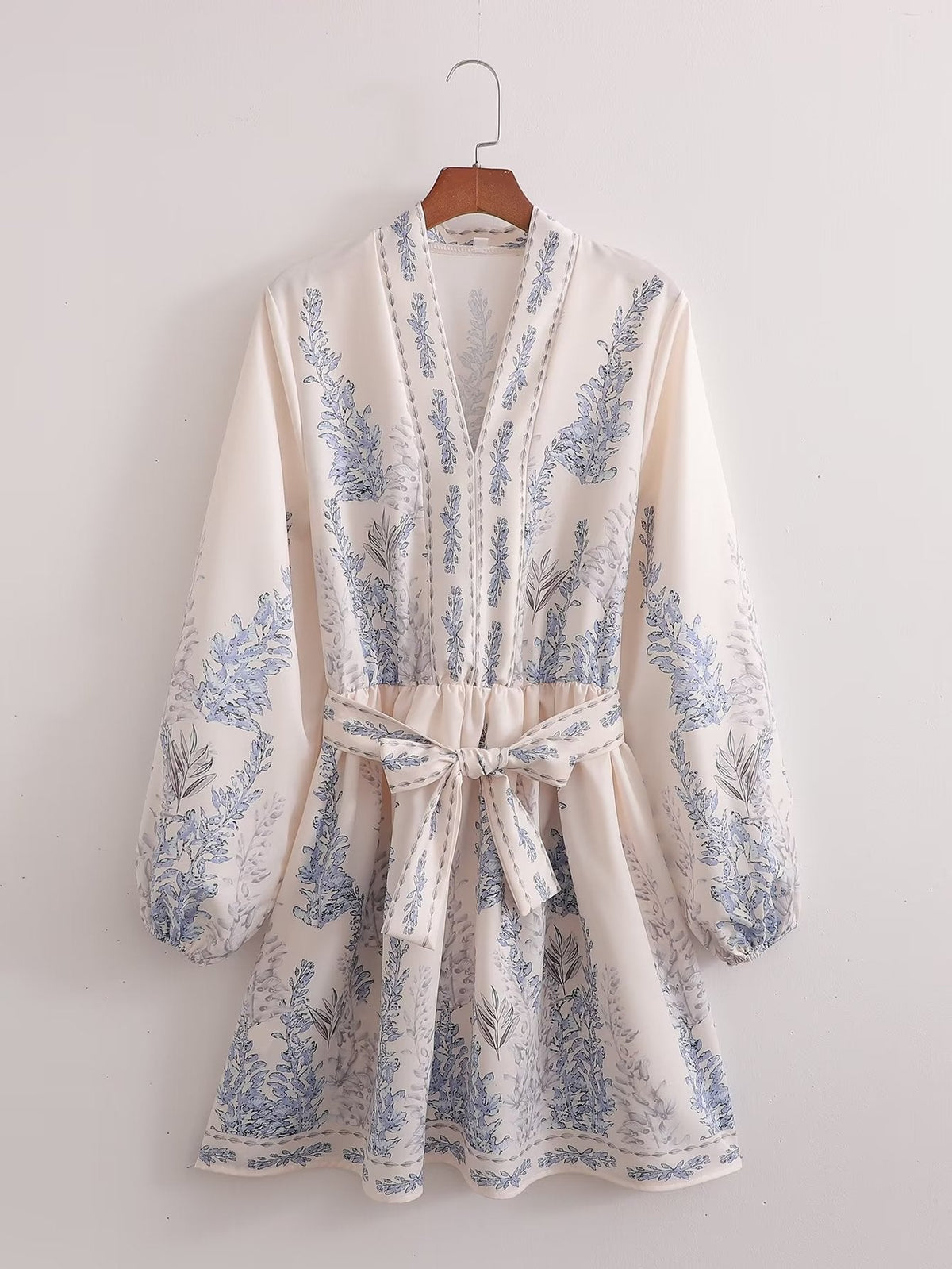 Spring Women Clothing Positioning Printing Pullover V neck Series Belt Long Sleeve Dress by Ragazza