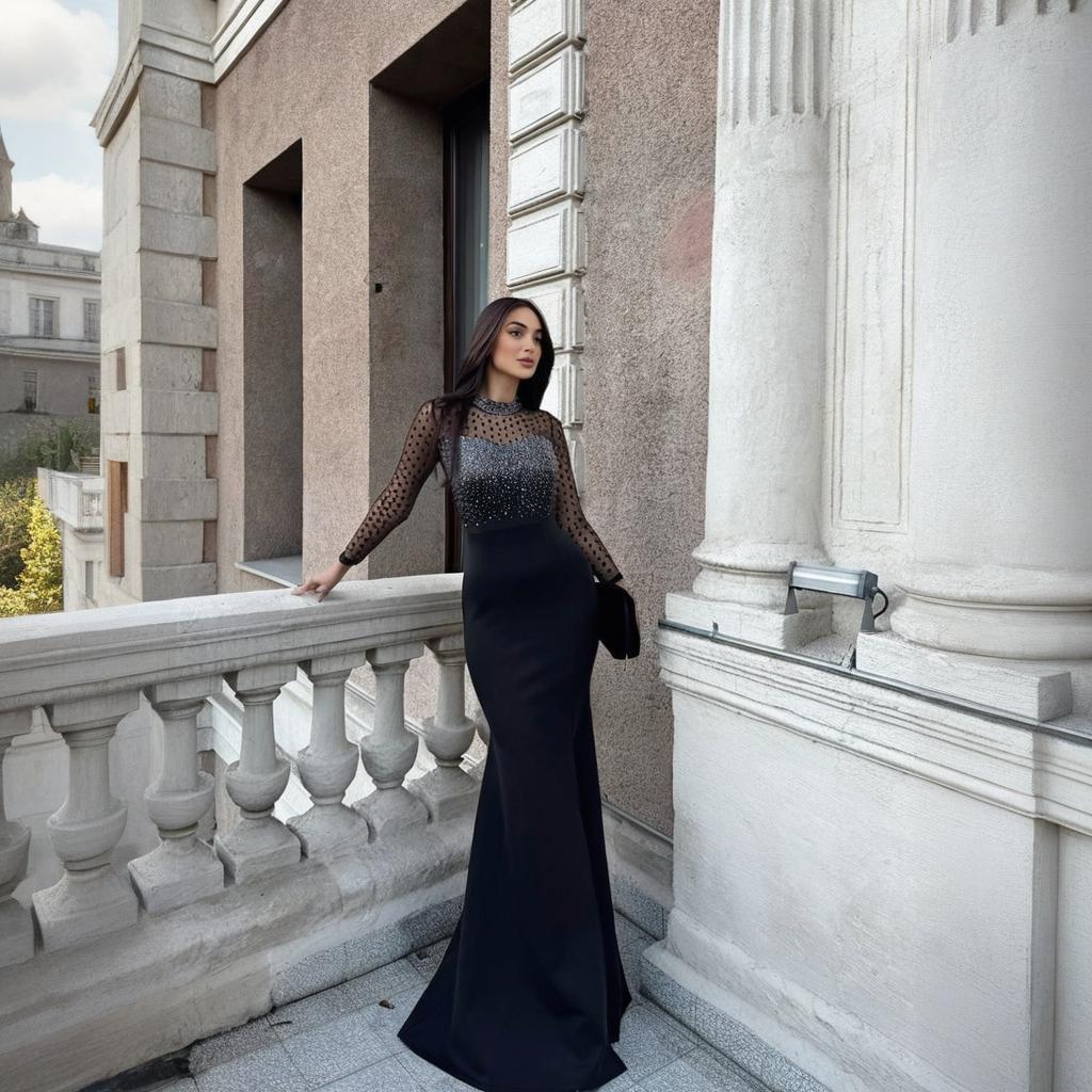 Drilling Mesh Long Sleeve Patchwork Waist Slimming Split Dress Women Slim Fit Long Formal Dress Women by Ragazza