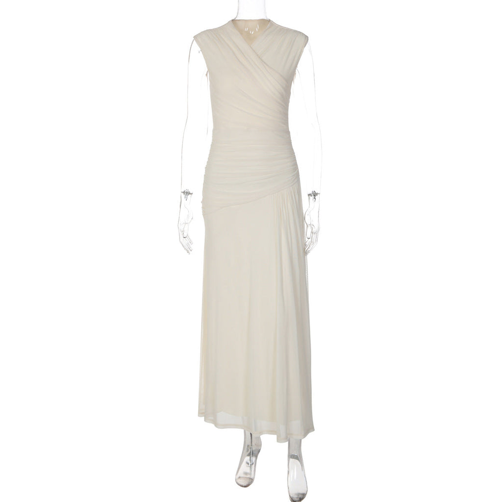 French V neck Solid Color Maxi Dress Summer Waist Slimming Draping Effect Maxi Dress by Bella Mia