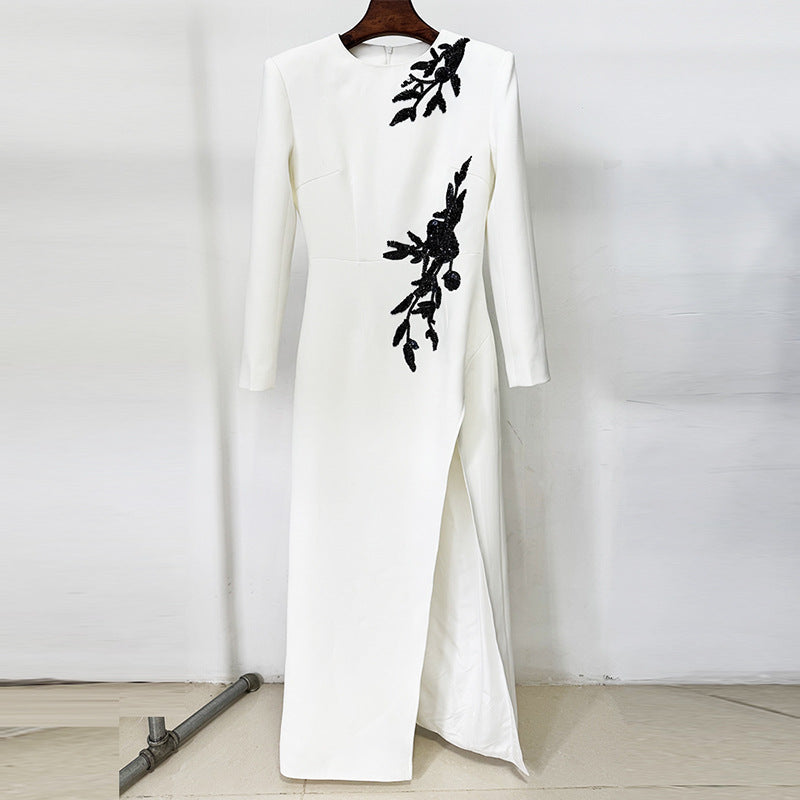 Dress Embroidered Beads Beaded Floral Long Sleeve Split Maxi Dress by Ragazza